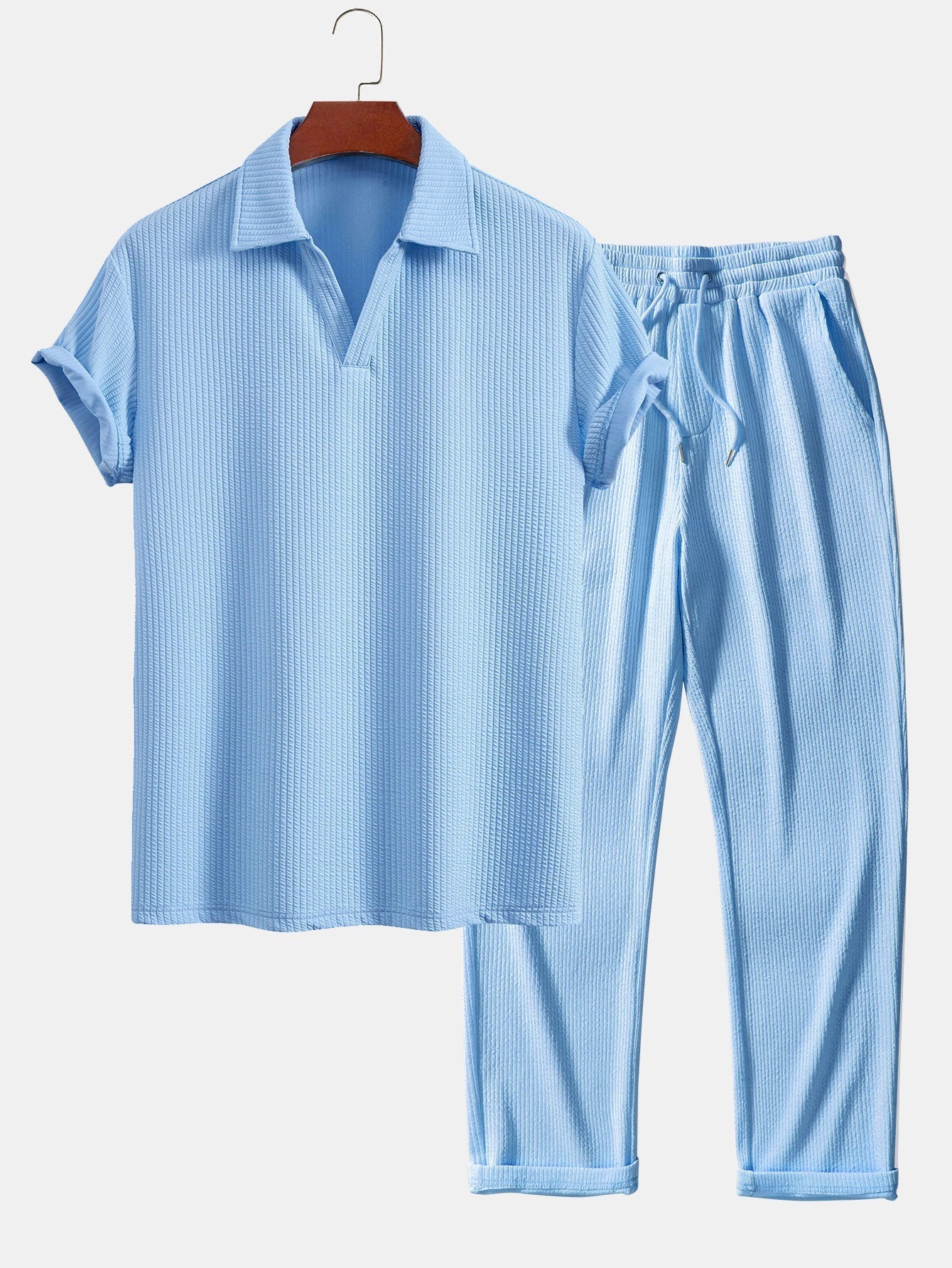 Textured V-Neck Polo & Trousers Set